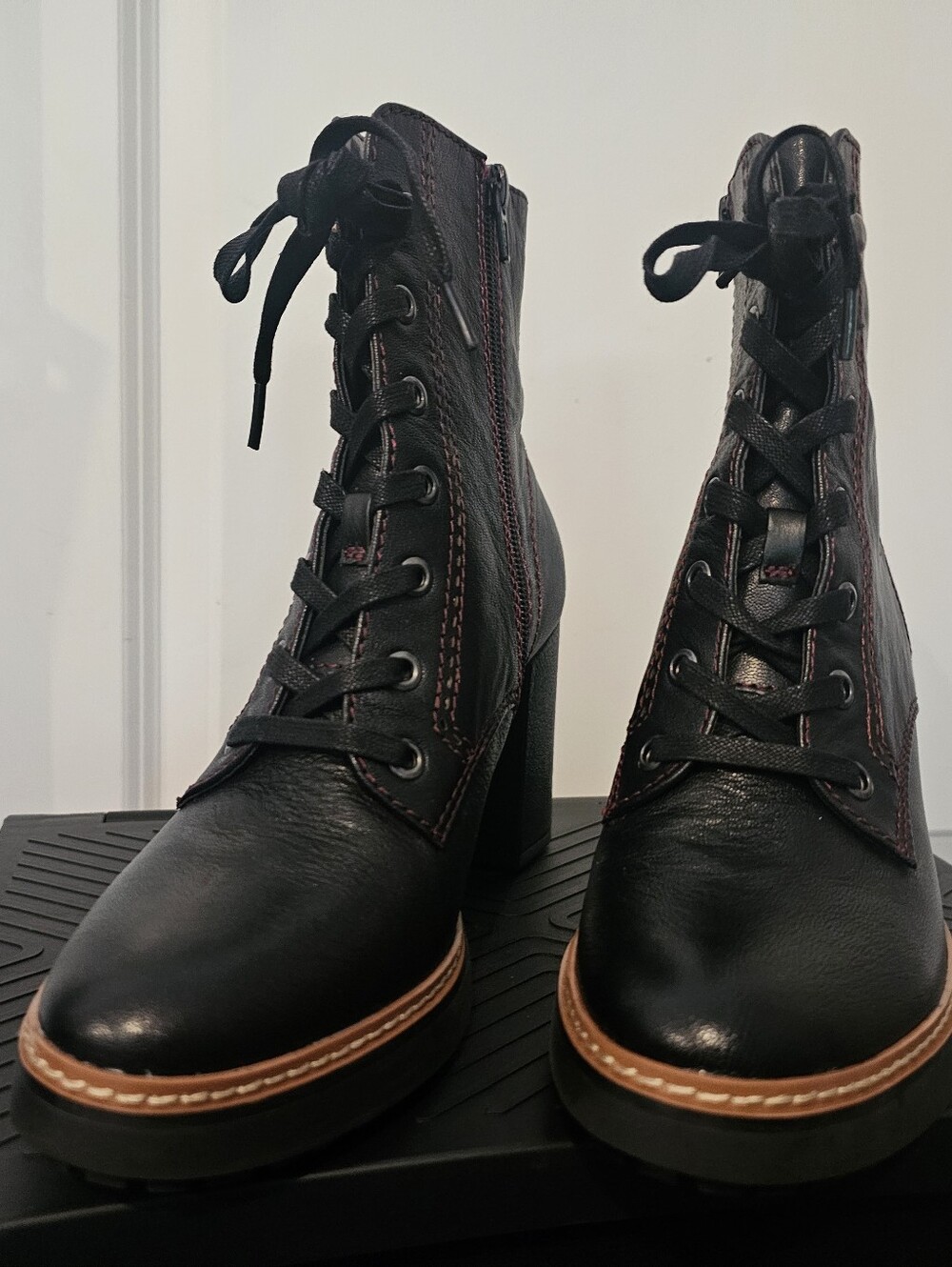 Naturalizer Women's Black Leather Lace-Up Boots with Subtle Burgundy Stitching